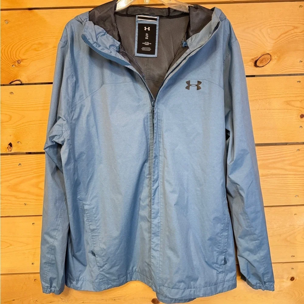 Under Armour Men Blue Hooded Windbreaker Jacket XL Lightweight Zip Athletic